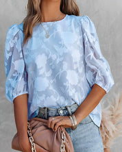 Blouse with Floral Pattern and Puff Sleeves for Women