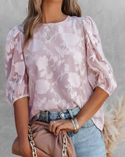 Blouse with Floral Pattern and Puff Sleeves for Women