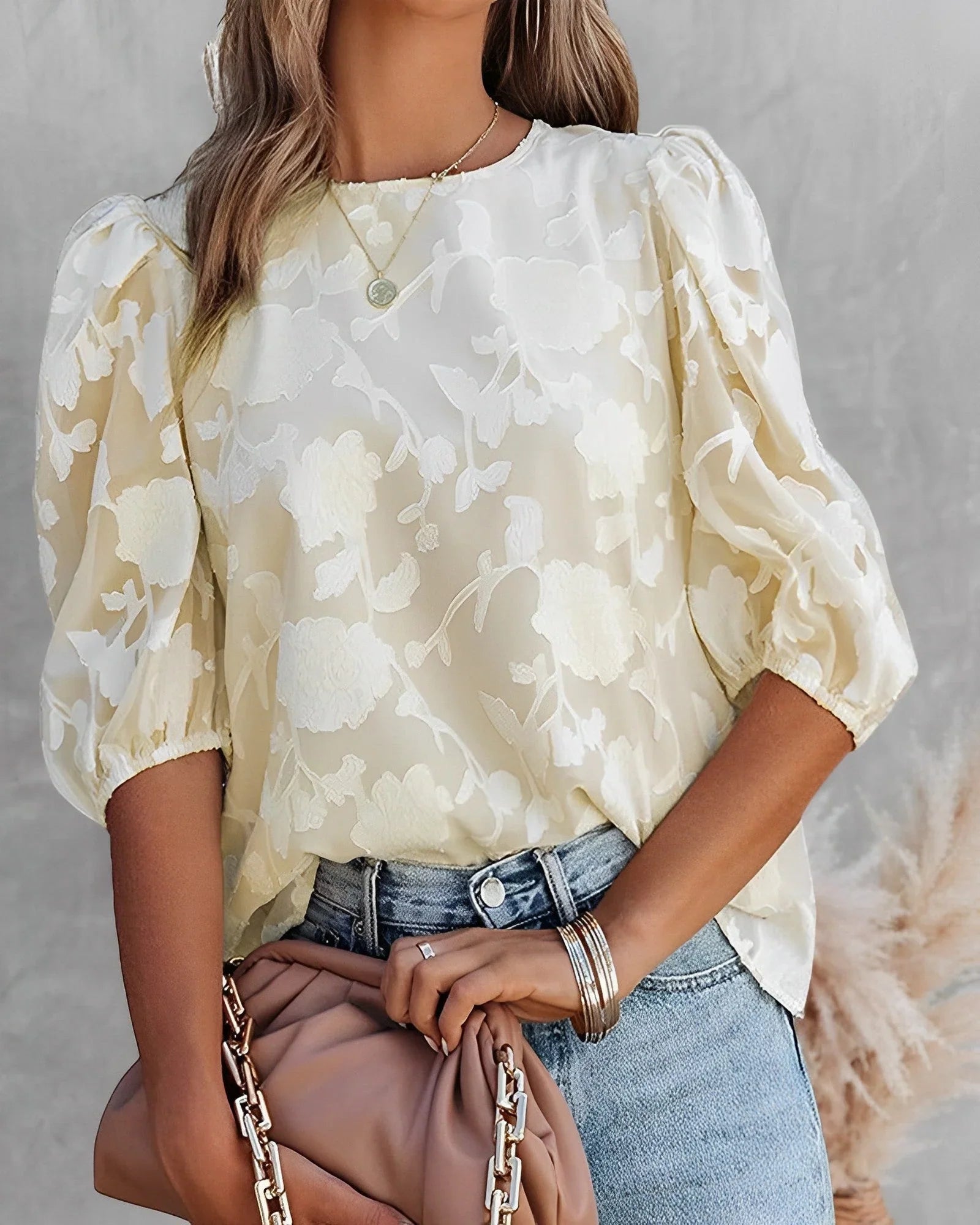 Blouse with Floral Pattern and Puff Sleeves for Women