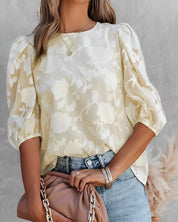 Blouse with Floral Pattern and Puff Sleeves for Women