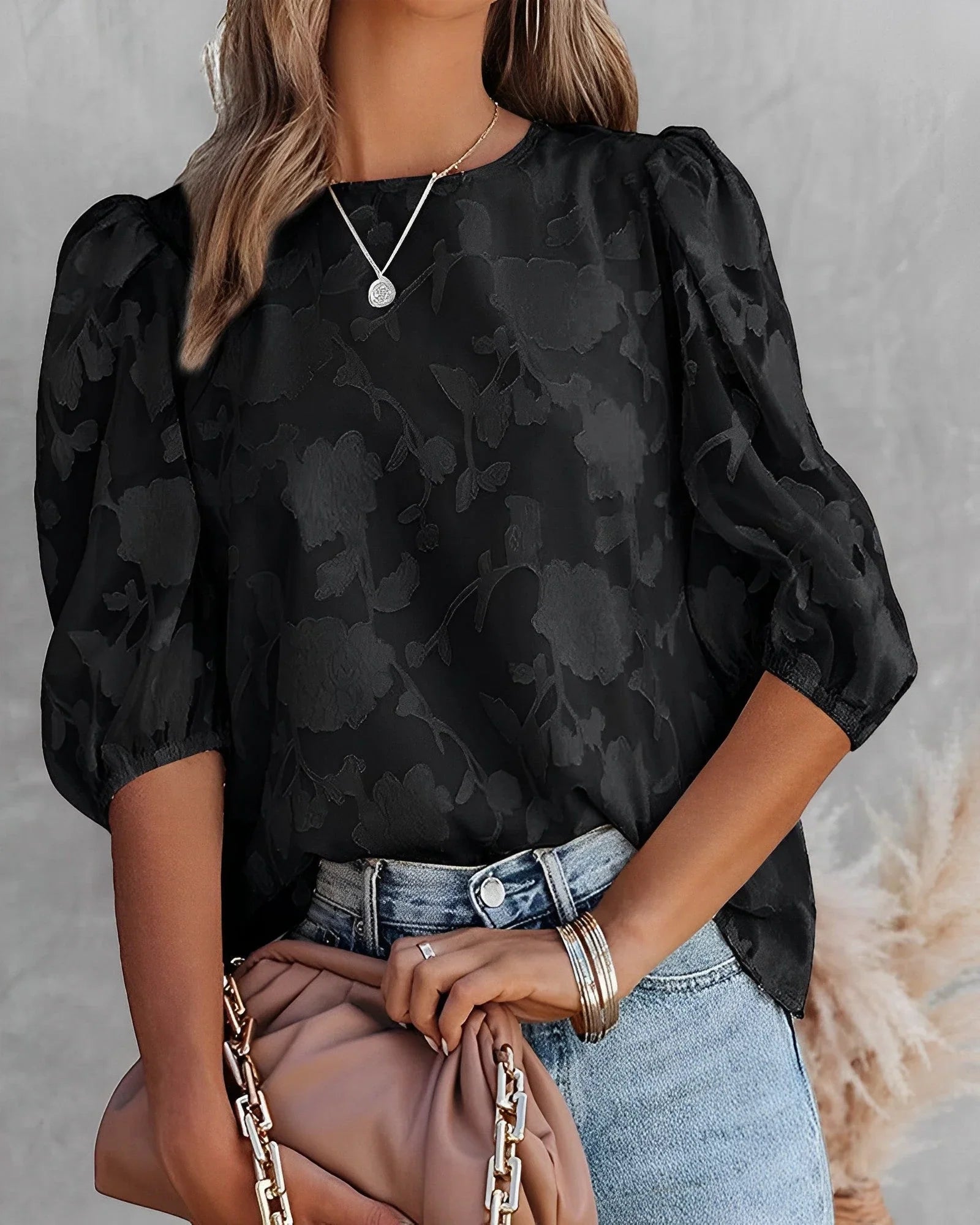 Blouse with Floral Pattern and Puff Sleeves for Women