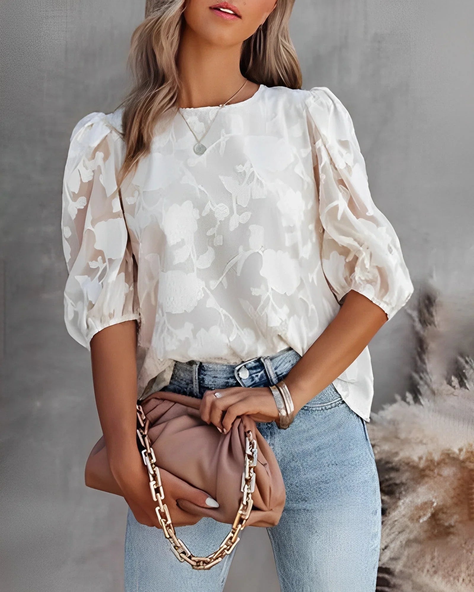 Blouse with Floral Pattern and Puff Sleeves for Women