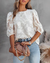 Blouse with Floral Pattern and Puff Sleeves for Women