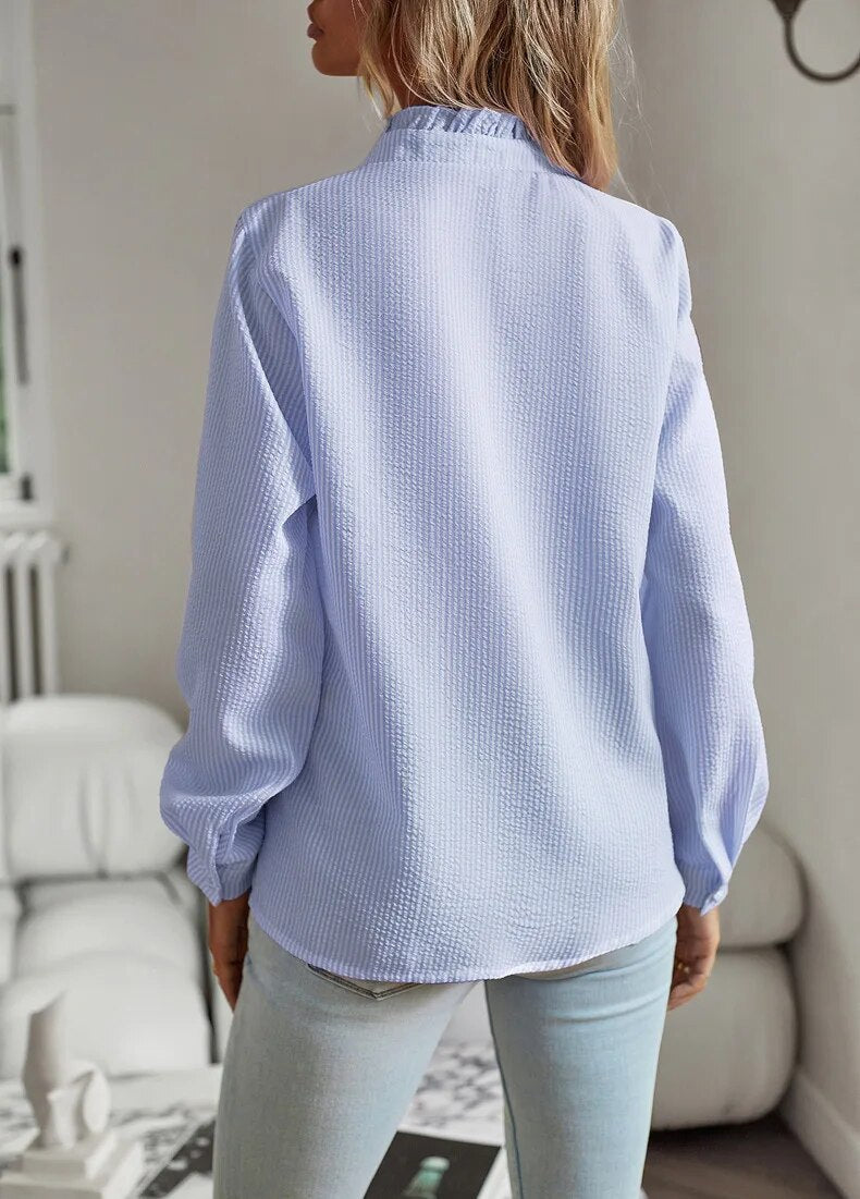 Jamie - Blouse with ruffles and standing collar