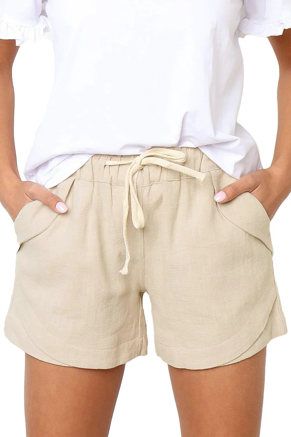Linen Shorts with Drawstring and Elastic Waist for Women
