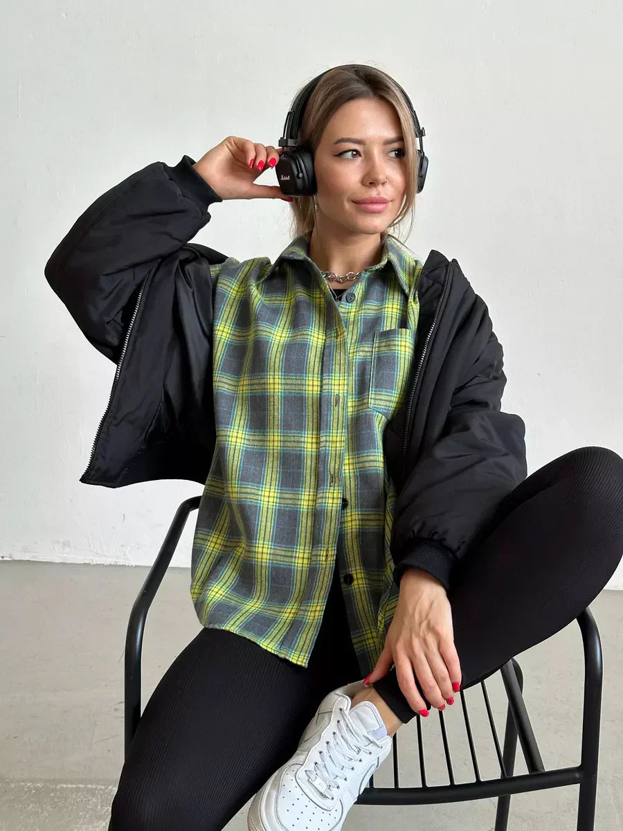 Checked Oversized Blouse with Chest Pocket for Women