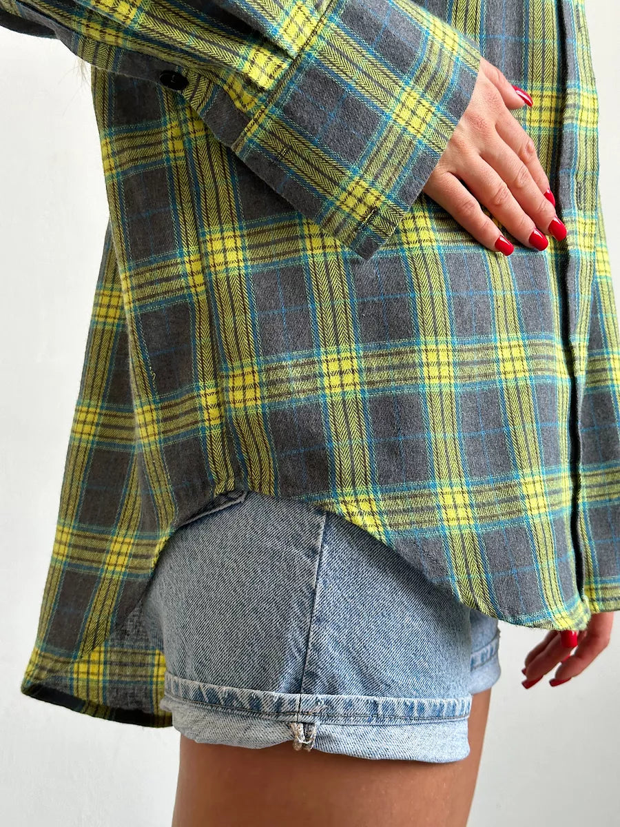 Checked Oversized Blouse with Chest Pocket for Women