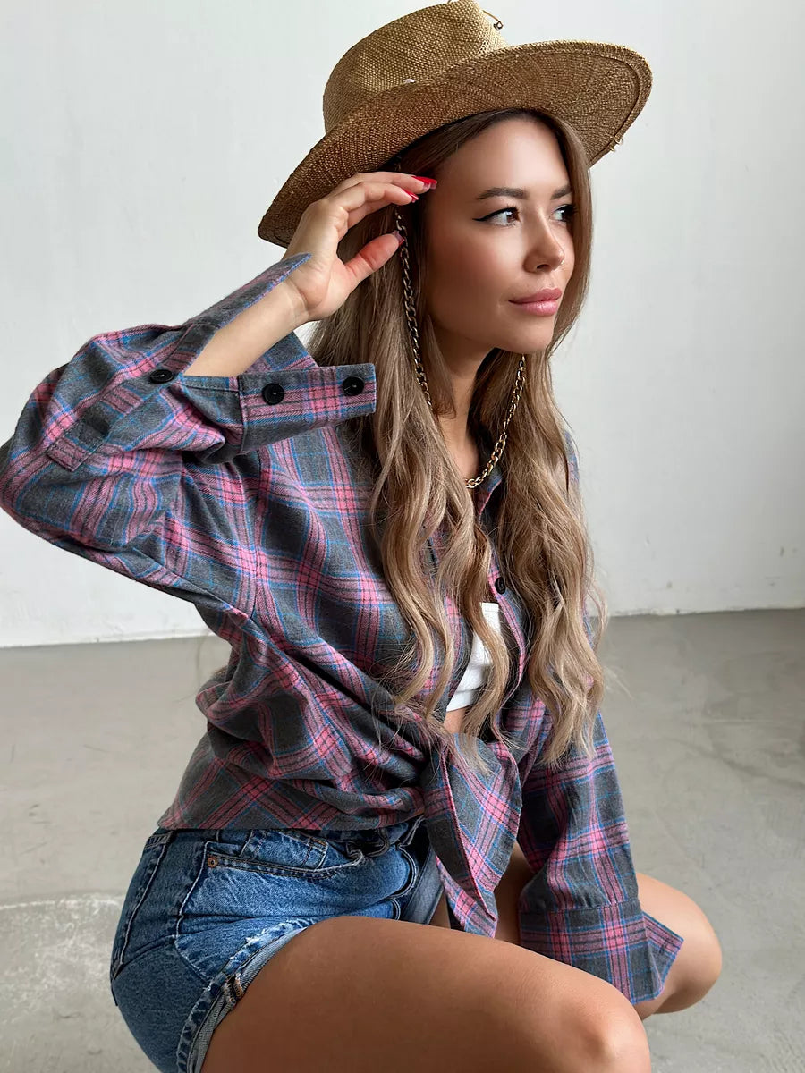 Checked Oversized Blouse with Chest Pocket for Women