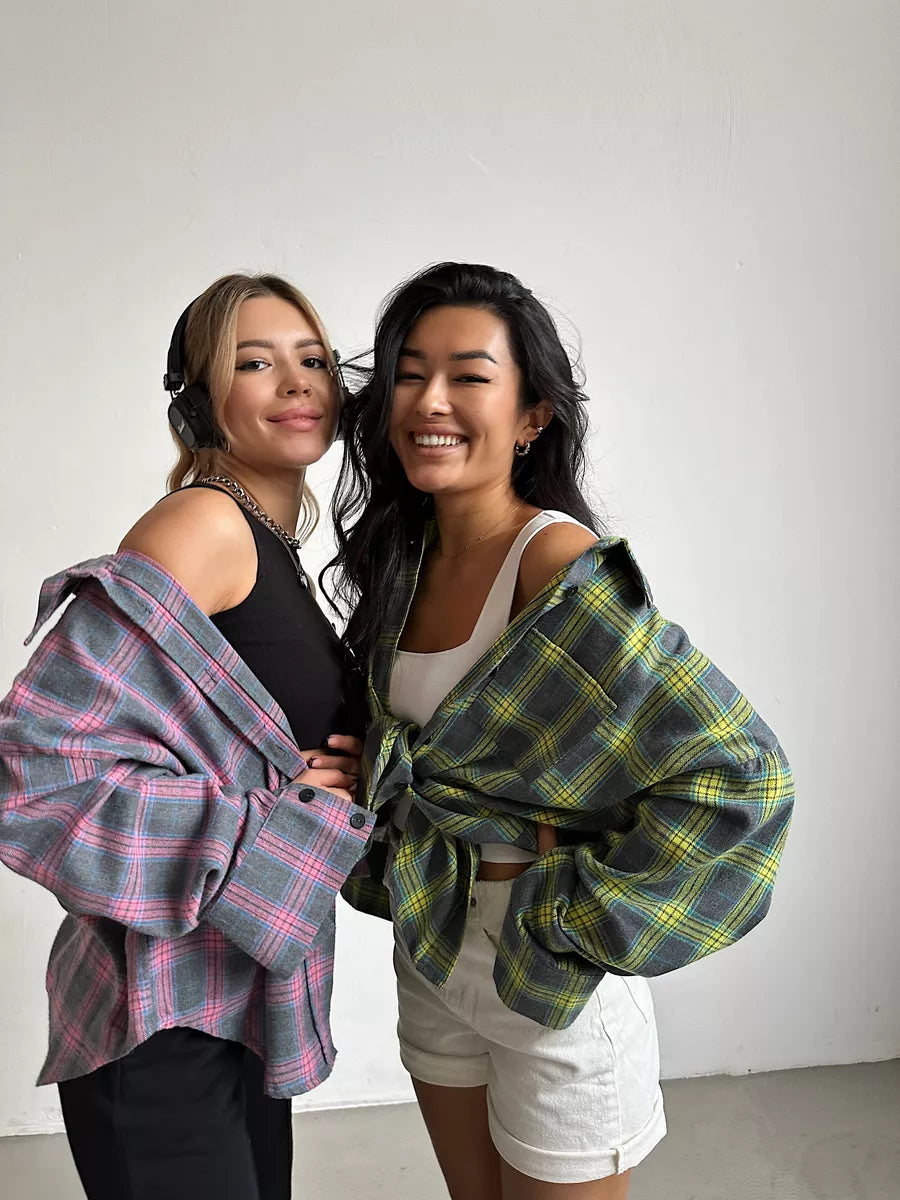 Checked Oversized Blouse with Chest Pocket for Women
