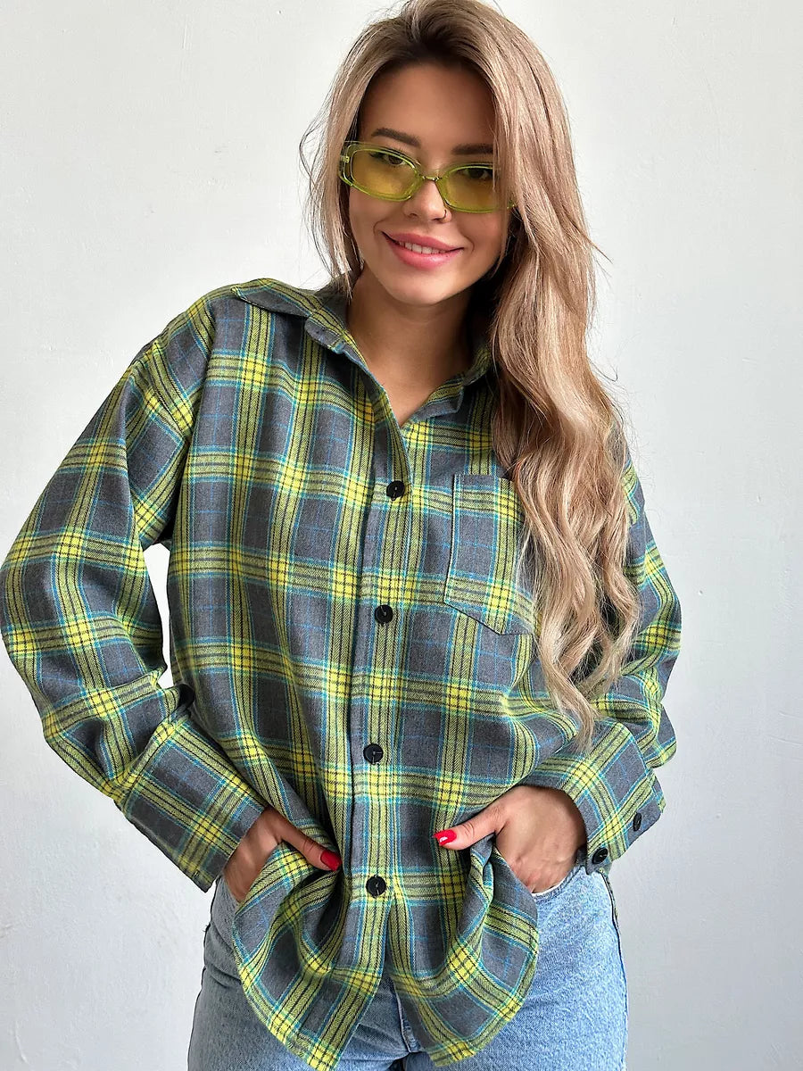 Checked Oversized Blouse with Chest Pocket for Women