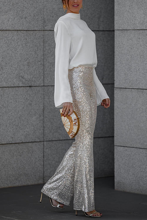 Women's Glitter Sequin Flare Pants with Elastic Waist