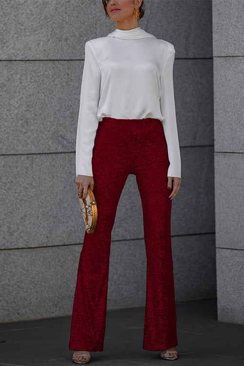 Women's Glitter Sequin Flare Pants with Elastic Waist
