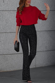Women's Glitter Sequin Flare Pants with Elastic Waist
