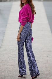 Women's Glitter Sequin Flare Pants with Elastic Waist