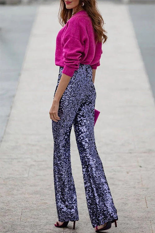 Women's Glitter Sequin Flare Pants with Elastic Waist