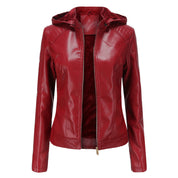 Leather Women's Jacket with Removable Hood and Zipper