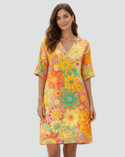 Retro Tunic Dress with Floral Print and V-Neck for Women