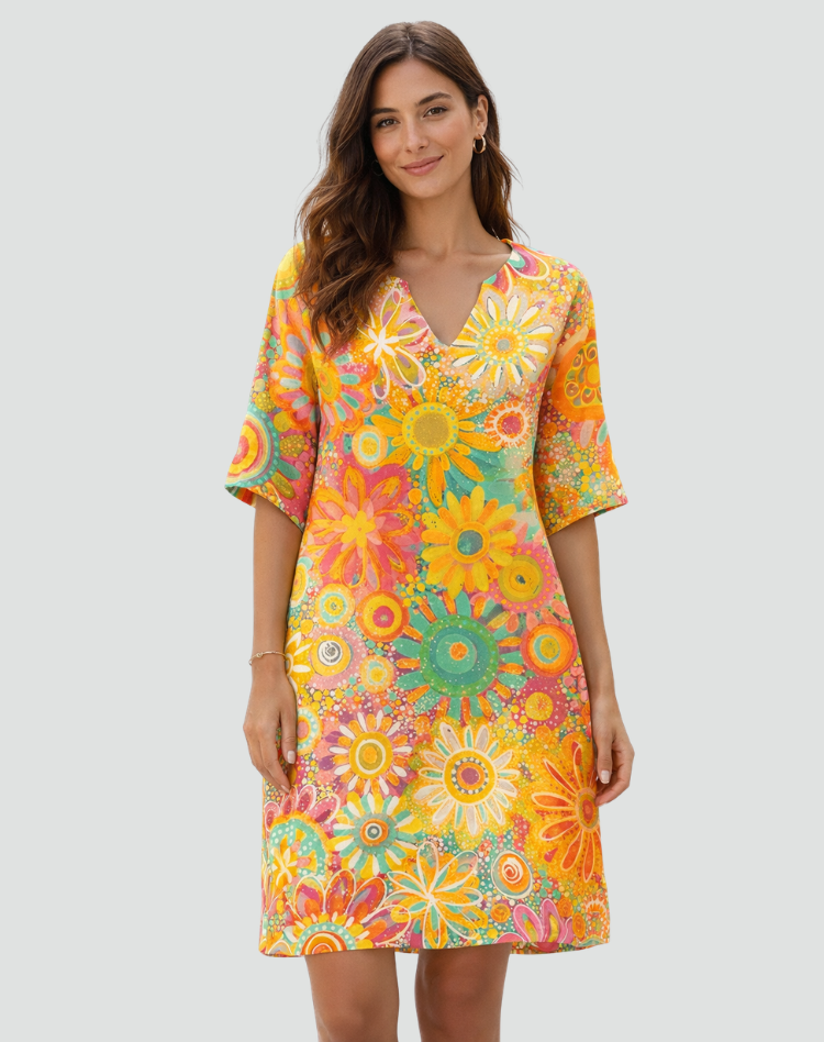 Retro Tunic Dress with Floral Print and V-Neck for Women
