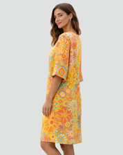 Retro Tunic Dress with Floral Print and V-Neck for Women