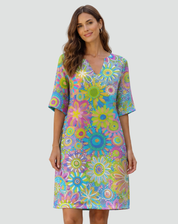 Retro Tunic Dress with Floral Print and V-Neck for Women