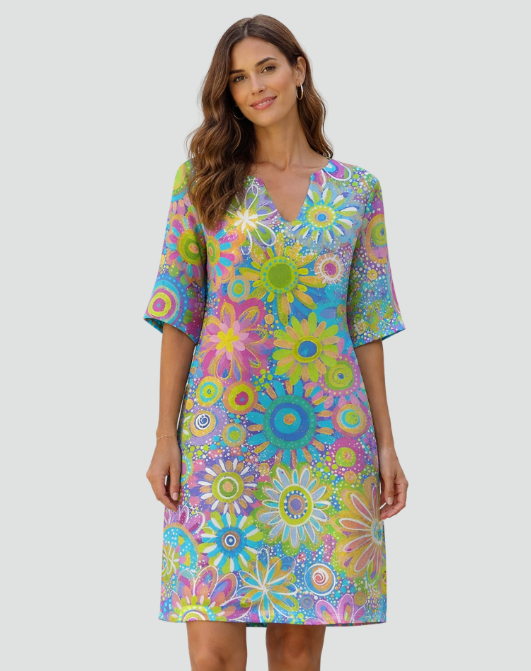 Retro Tunic Dress with Floral Print and V-Neck for Women
