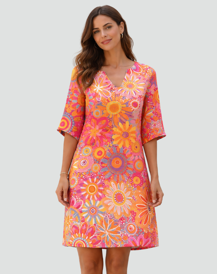 Retro Tunic Dress with Floral Print and V-Neck for Women