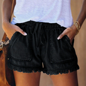 Comfortable denim shorts with elastic waistband and frayed edges