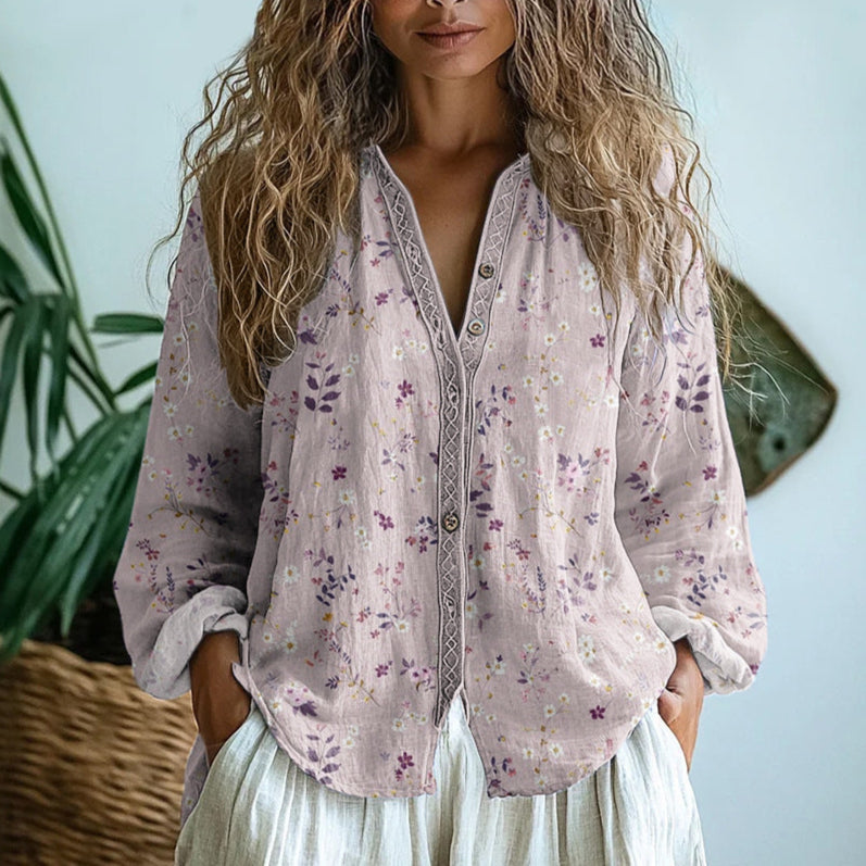 Women's Airy Tunic Blouse with V Neck and Long Sleeves