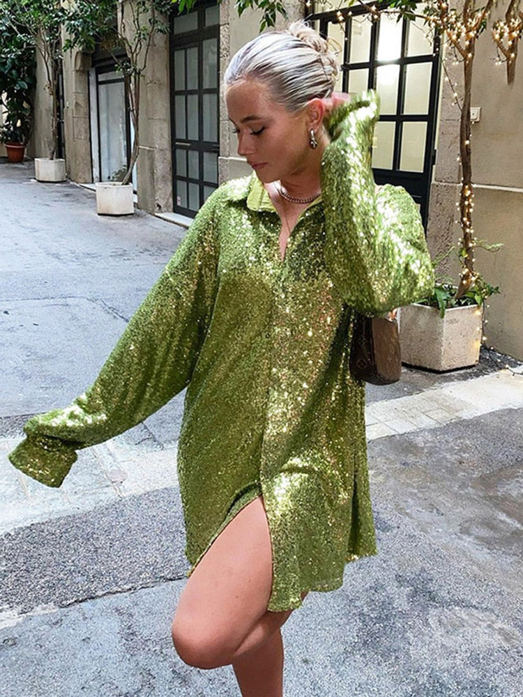 Women's Oversized Sequin Blouse with Long Sleeves