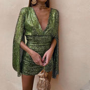 Women's Glamour Sequin Cape Mini Dress with Deep V-Neck