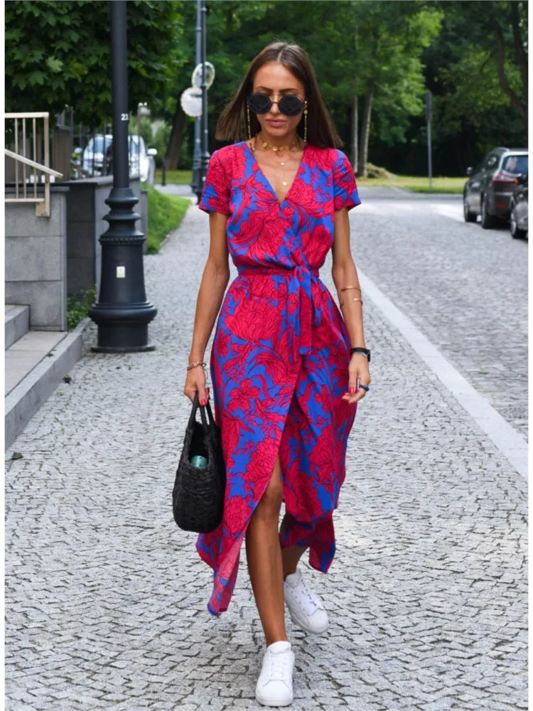Airy Summer Midi Dress with V Neck and Belt for Women