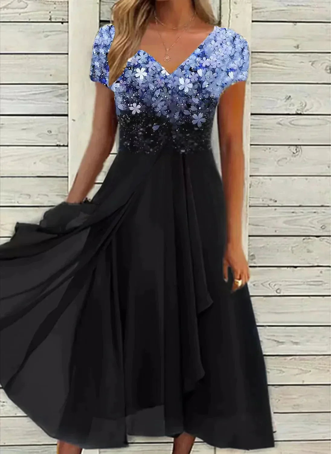 Luxury Glitter Women’s Midi Dress with V-Neck and Short Sleeves