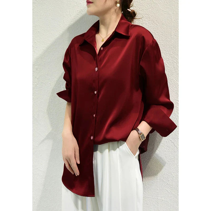 Satin Blouse for Women with Classic Collar and Elegant Fit