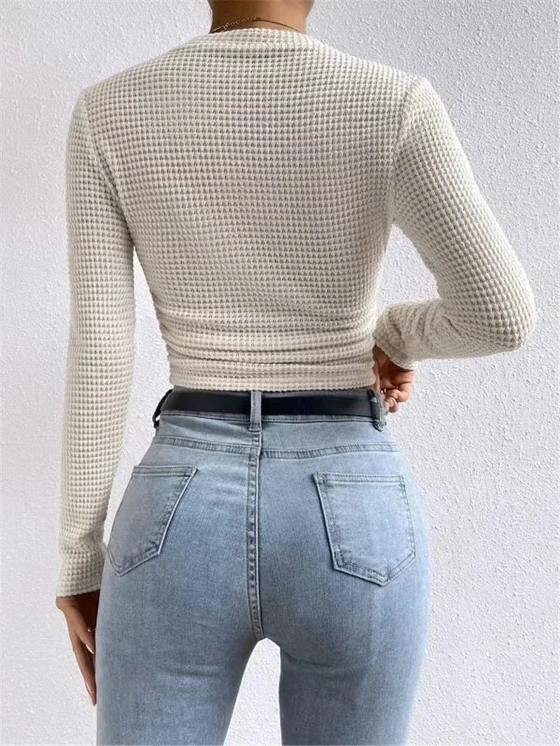 Fitted Long Sleeve Crop Top with Texture