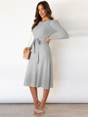 Stylish Knitted Midi Dress For Women With Tie Belt And Cable Pattern