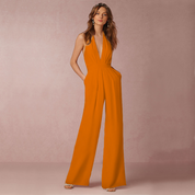 Elegant Wide-Leg Jumpsuit for Women with Halter Neck and Open Back