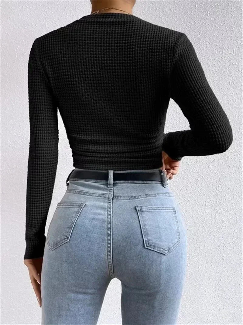 Fitted Long Sleeve Crop Top with Texture