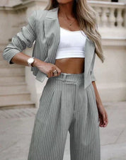 Striped Women's Two-Piece Set with Short Blazer and High Waist Pants