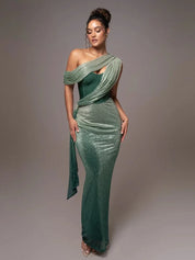 Shiny Gala Dress with One Shoulder and Split Long Evening Dress for Women