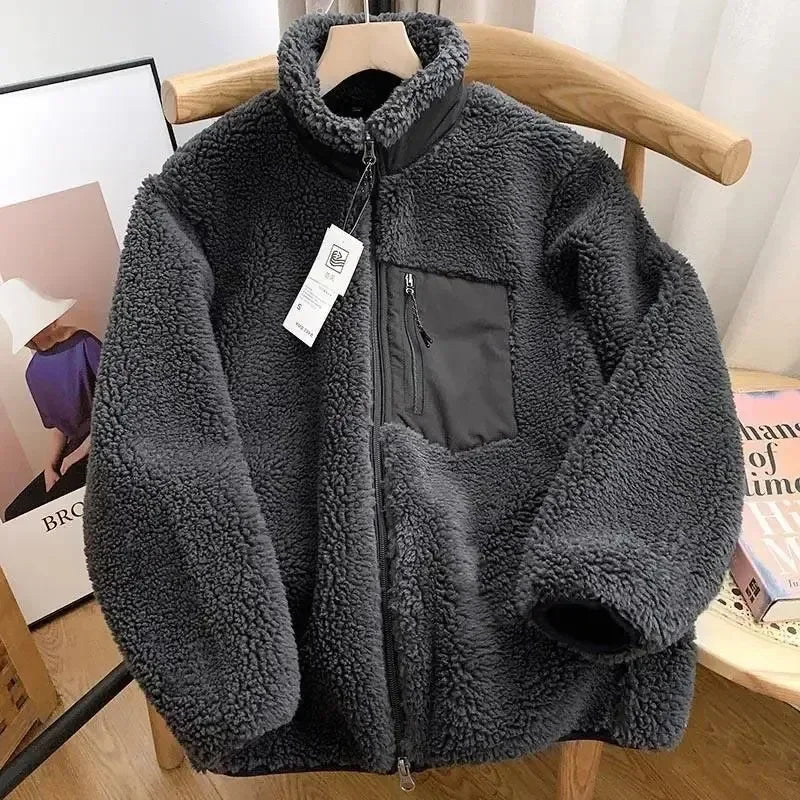Women's Warm Teddy Coat with High Collar and Zipper Pockets