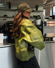 Trendy Oversized Green Leather Jacket for Women with Relaxed Fit