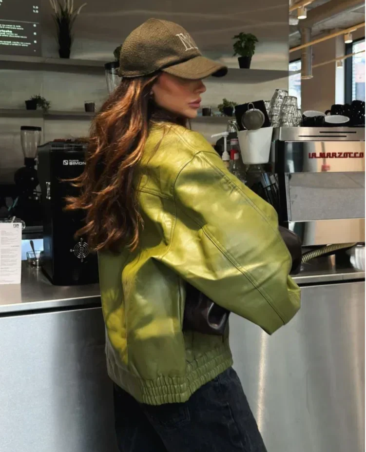 Trendy Oversized Green Leather Jacket for Women with Relaxed Fit