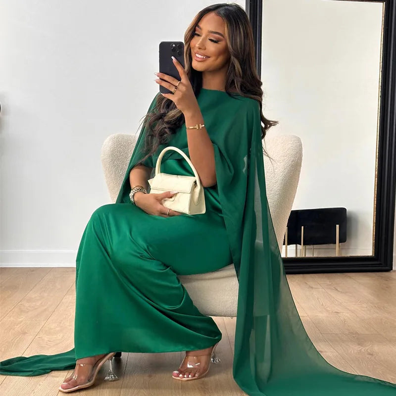 Elegant Women's Maxi Evening Dress with Cape Sleeves