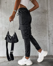 Black Faux Leather Cargo Pants for Women with High Waist and Elastic Cuffs