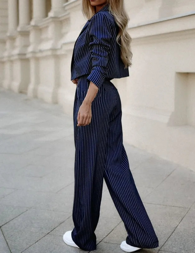 Striped Women's Two-Piece Set with Short Blazer and High Waist Pants