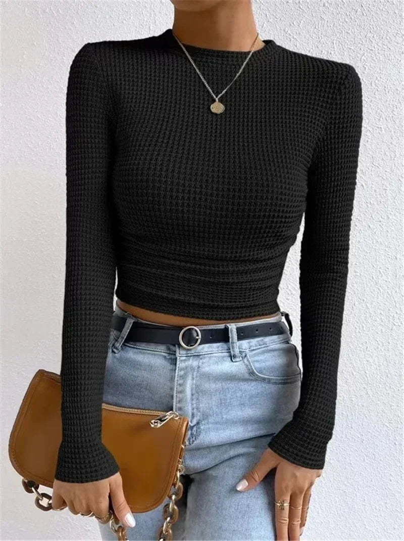 Fitted Long Sleeve Crop Top with Texture