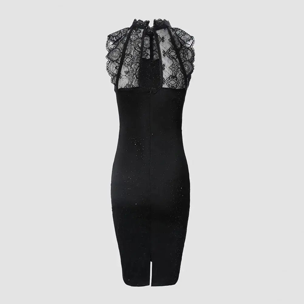 Elegant Black Women's Glitter Mini Cocktail Dress with Lace Neckline