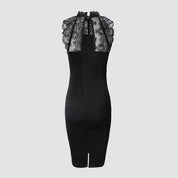Elegant Black Women's Glitter Mini Cocktail Dress with Lace Neckline