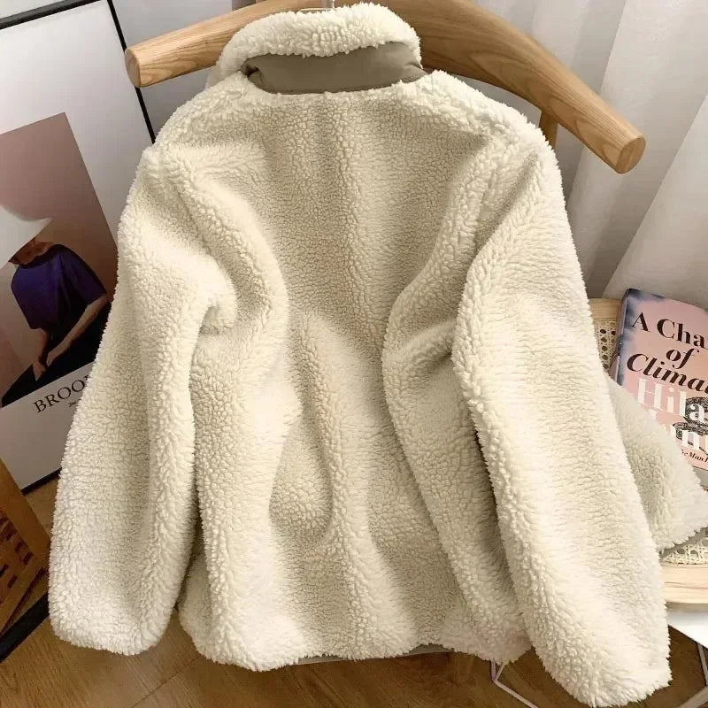 Women's Warm Teddy Coat with High Collar and Zipper Pockets