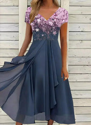 Luxury Glitter Women’s Midi Dress with V-Neck and Short Sleeves